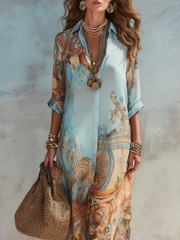 Blue Printed Shirt Dress with Self-Tie Waist & Pockets