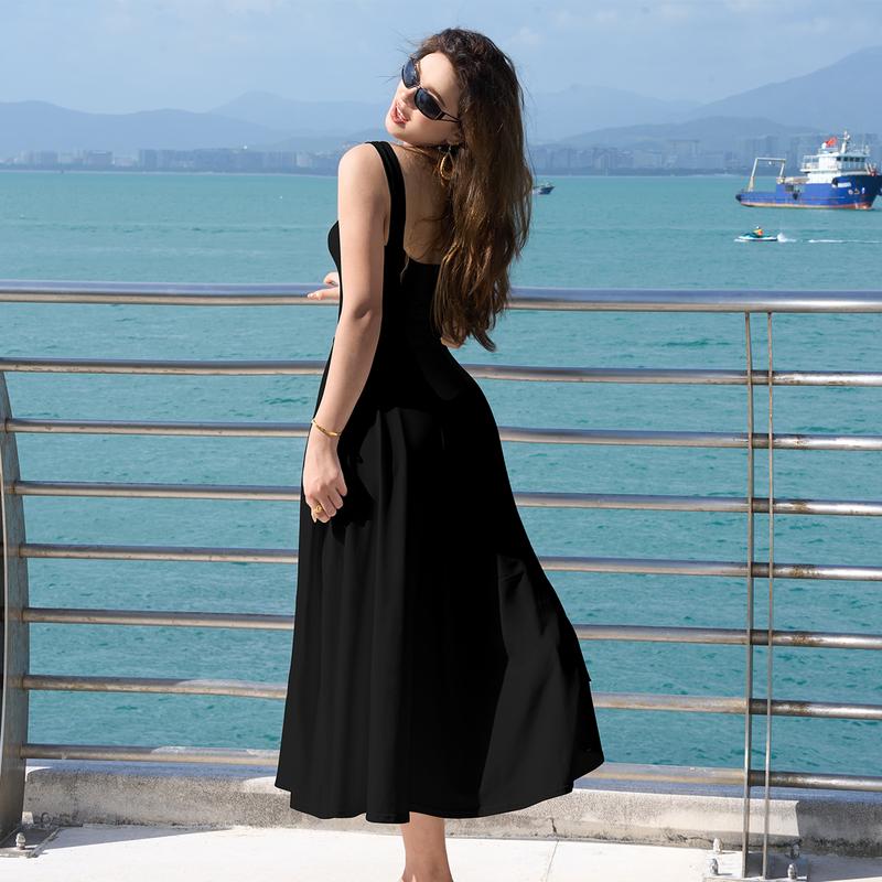 OYS Women's Casual Sleeveless Square Neck A-Line Solid Slim Flowy Long Dress with Pockets & Back Tie Detail Design