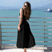 OYS Women's Casual Sleeveless Square Neck A-Line Solid Slim Flowy Long Dress with Pockets & Back Tie Detail Design