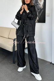 Metallic Wide Leg Pants with Elastic Waist & Pockets