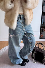 Diagonal Placket Loose Fit Denim Jeans – Ankle Length