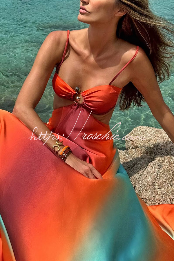 Neon Sunset Print Cutout Back Tie-Up Maxi Dress