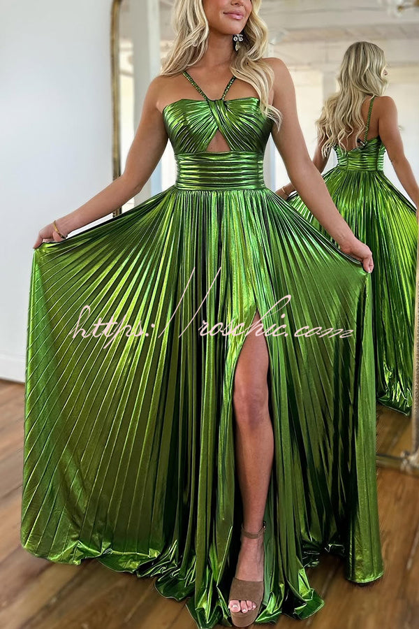 Metallic Fabric Cross-Neck Cutout Slit Pleated Maxi Dress