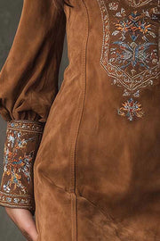 Suede Embroidered V-Neck Mini Dress | Long Sleeve Slim Fit