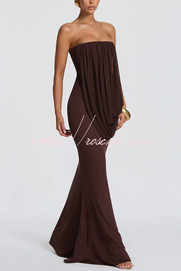 Modal Knit Strapless Maxi Dress with Asymmetric Draped Mesh