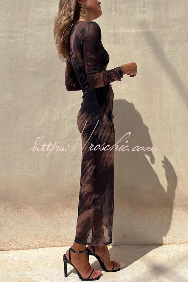 Mesh Overlay Tie Dye Long Sleeve Ruched Midi Dress