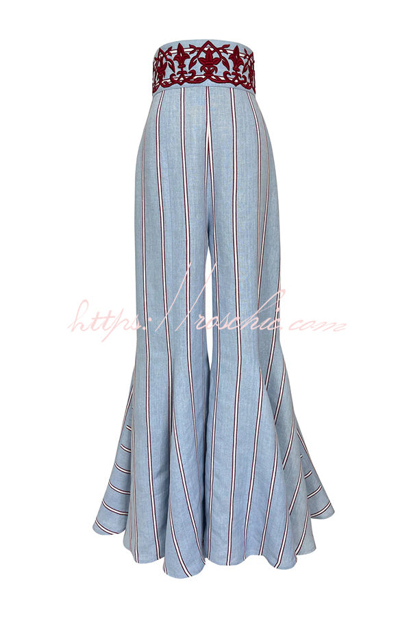 Linen Blend Floral Embroidery Stripe High Rise Flare Pants