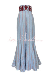 Linen Blend Floral Embroidery Stripe High Rise Flare Pants