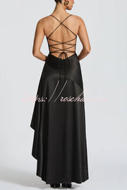 Backless Lace-Up Ruffle Maxi Dress – Spaghetti Strap