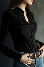 Women's Suede Long Sleeve Button-Down Shirt – Loose Fit