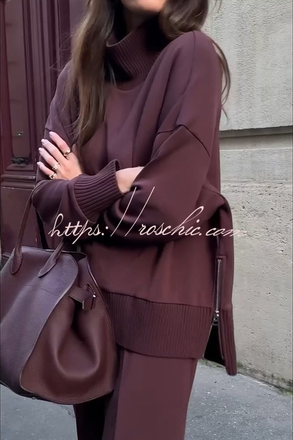 Soft Turtleneck Sweatshirt & Elastic Waist Pants Lounge Set
