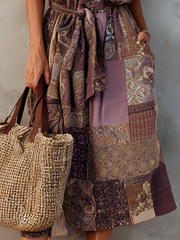 Patchwork Belted Midi Dress | Boho Floral & Geometric Print