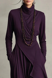 High Neck Long Sleeve Solid Maxi Dress – Irregular Hem