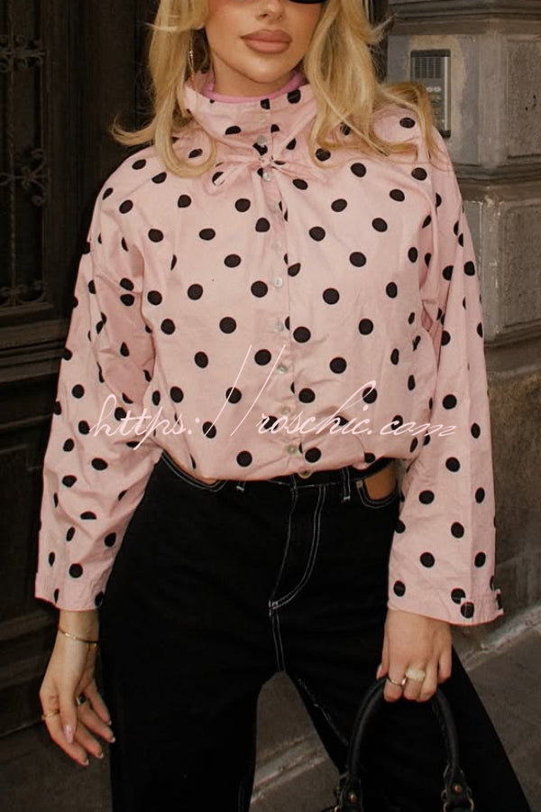 Polka Dot Loose Jacket with Stand Collar & Bow Tie Detail