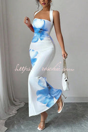 Floral Print Halter Neck Backless Maxi Dress