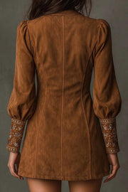 Suede Embroidered V-Neck Mini Dress | Long Sleeve Slim Fit