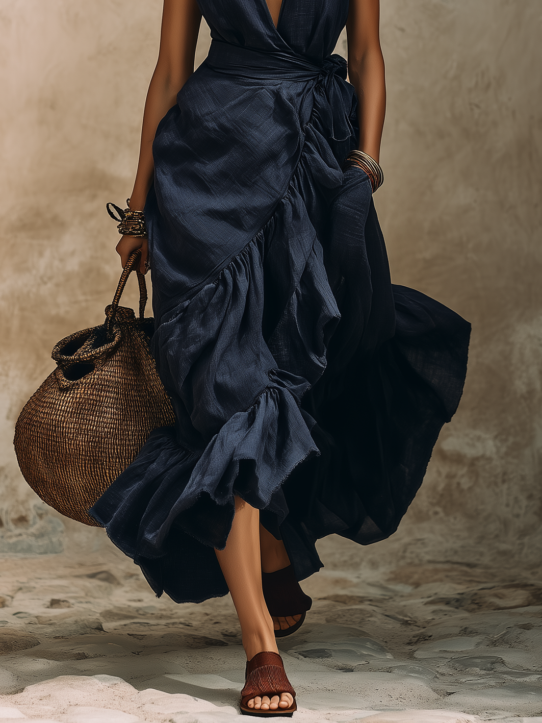 Navy Blue Deep V-Neck Ruffle Wrap Maxi Dress