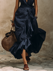 Navy Blue Deep V-Neck Ruffle Wrap Maxi Dress