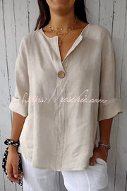 Linen Blend V-Neck Top | 3/4 Sleeve Loose Casual Blouse