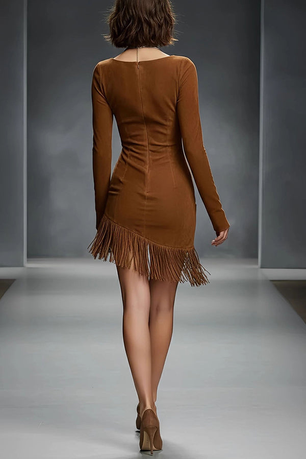 Suede Long Sleeve Mini Dress with Tassel Detail