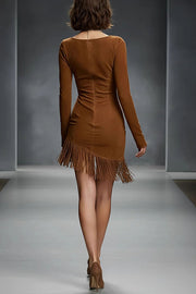 Suede Long Sleeve Mini Dress with Tassel Detail