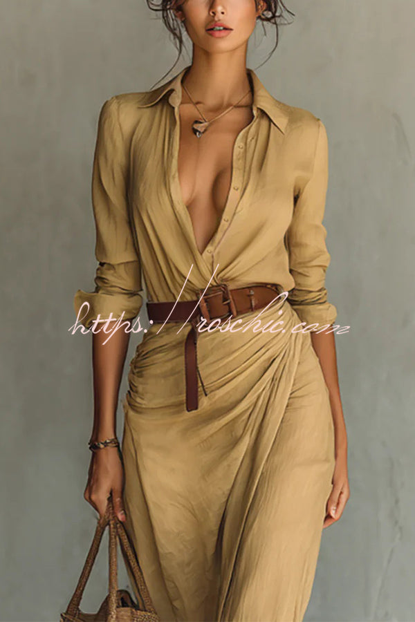 Long Sleeve Wrap Slit Maxi Dress – Loose Lapel Shirt Style