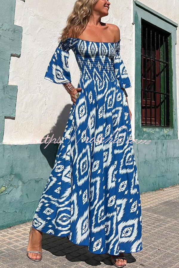 Ethnic Print Smocked Off Shoulder Maxi Dress with Pockets