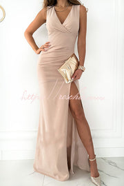 V-Neck Ruched Slit Maxi Dress for Parties