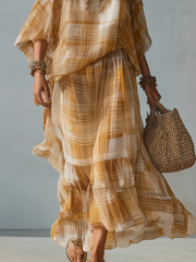 Mustard Plaid Chiffon Two-Piece Skirt Set | Bohemian Style