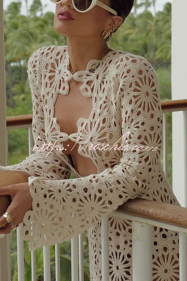 Crochet Knit Cutout Maxi Dress – Reversible Long Sleeve