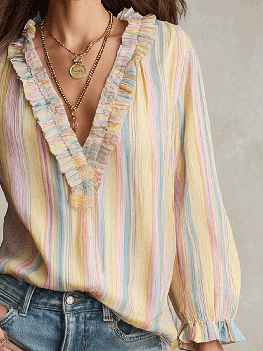 Pastel Stripe Ruffle Trim Bohemian Blouse | Resort Wear