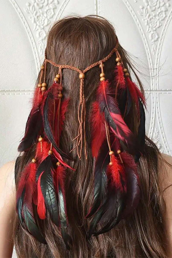Bohemian Handwoven Rope & Wood Bead Feather Headband