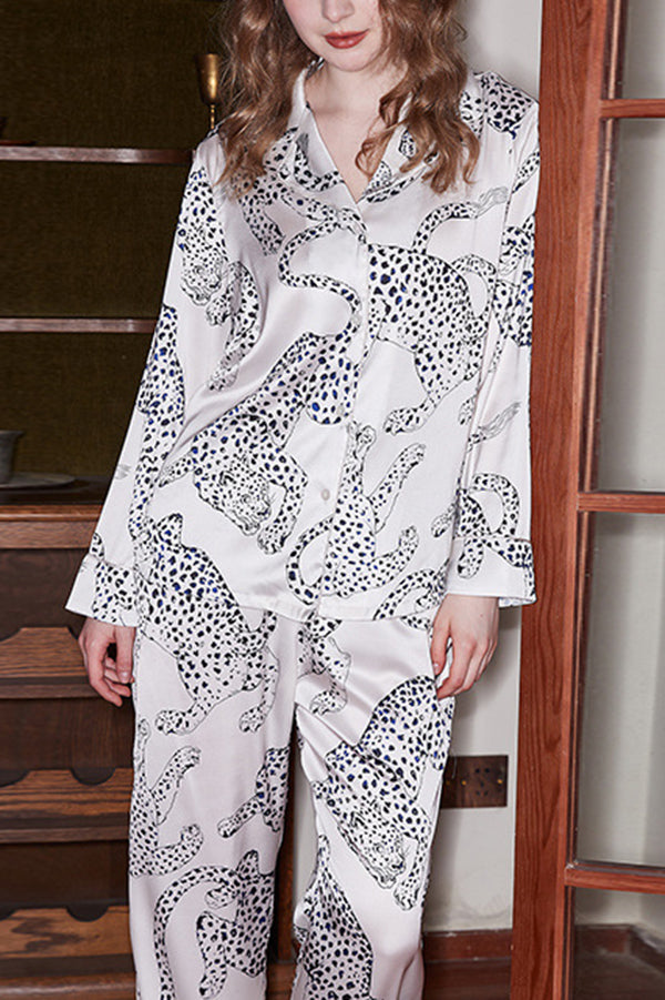 White Jaguar Print Long Sleeve Two-Piece Lounge Set