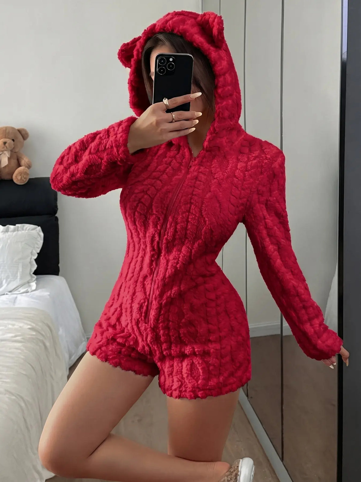 Teddy Bear Embroidered Hooded Fleece Sweatshirt for Women