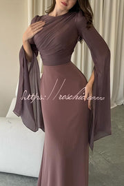 Ruched Organza Satin Patchwork Maxi Dress with Bell Sleeves