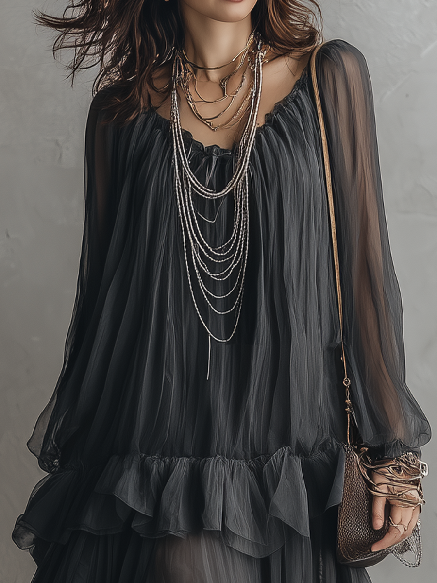 Sheer Layered Ruffle Midi Dress with Tiered Overlay