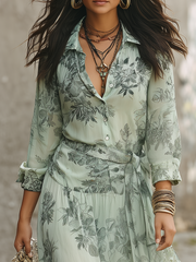 Sage Floral Wrap Maxi Dress with Long Sleeves
