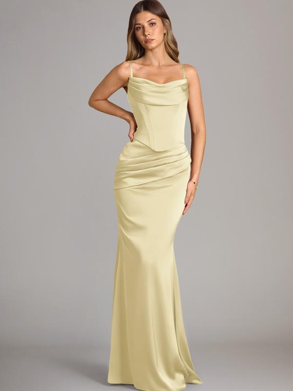 AZAZIE Sorrel Wedding Guest Gown for Women, 2-Piece Luminous Satin Mermaid Dress with Cowl Neck, Lace-up Corset Top & Chiffon Scarf, Gowns