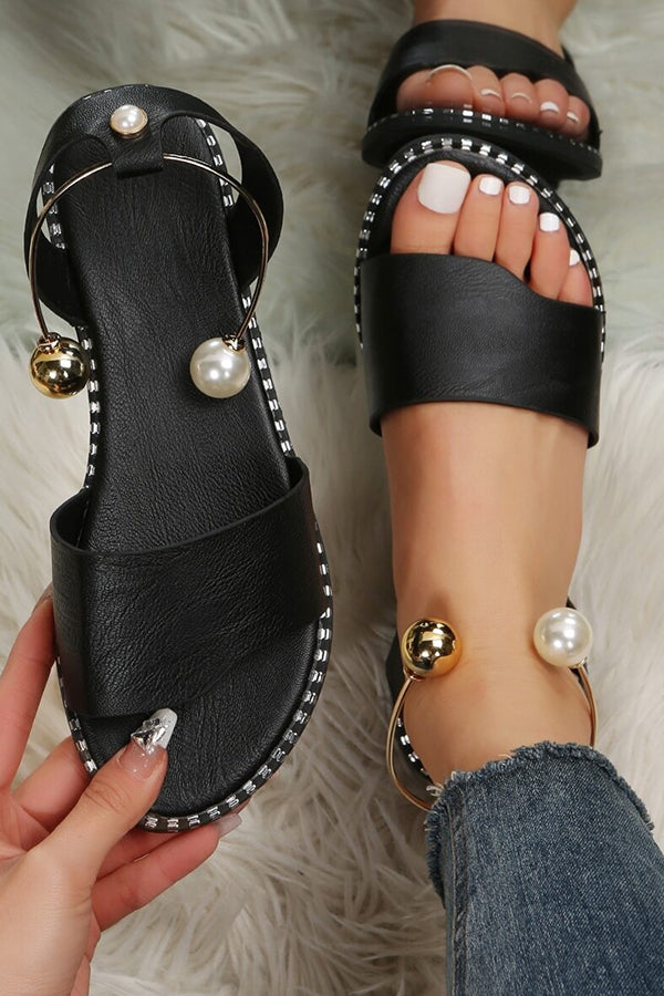 Pearl Buckle Roman Sandals with Flat Bottom – Vacation Style