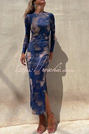 Mesh Overlay Tie Dye Long Sleeve Ruched Midi Dress