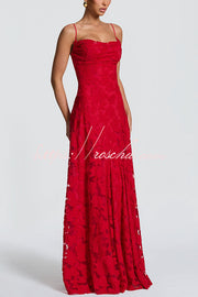 Robe longue fleurie dévorée à col bénitier et dos à lacets