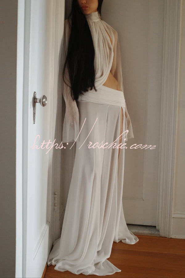 See-Through High-Neck Long-Sleeve Top & Maxi Skirt Set