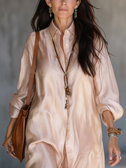 Blush Pink Boho Midi Shirt Dress with Waist Tie