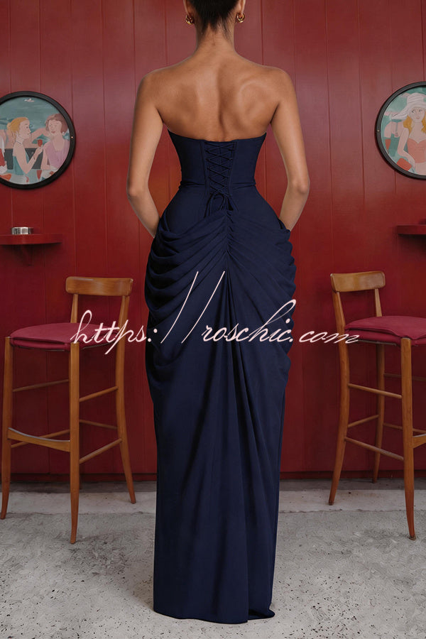 Chiffon Strapless Maxi Dress with Asymmetrical Pleats and Slit