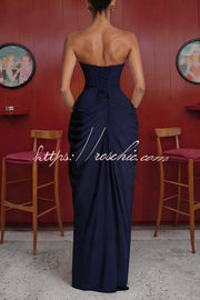 Chiffon Strapless Maxi Dress with Asymmetrical Pleats and Slit
