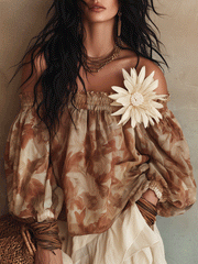 Floral Print Off-Shoulder Blouse in Sand Beige