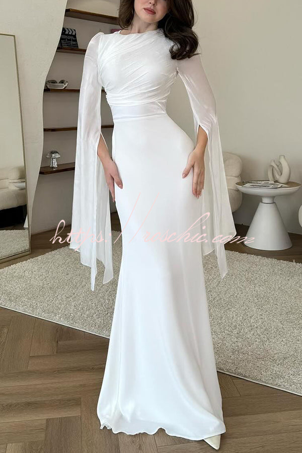 Robe longue patchwork en satin organza froncé avec manches cloche
