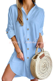 Solid Color Button-Down Mini Dress – Casual Loose Fit