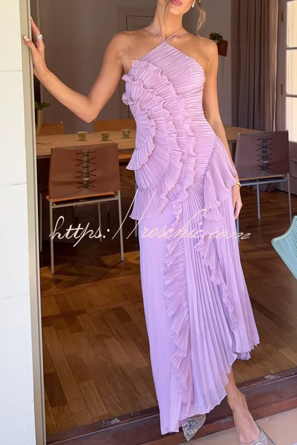 Robe longue dos nu plissée à volants – Robe de soirée asymétrique