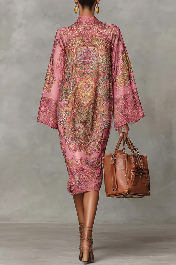 Retro Print Long Sleeve Loose Midi Dress – Casual Vacation